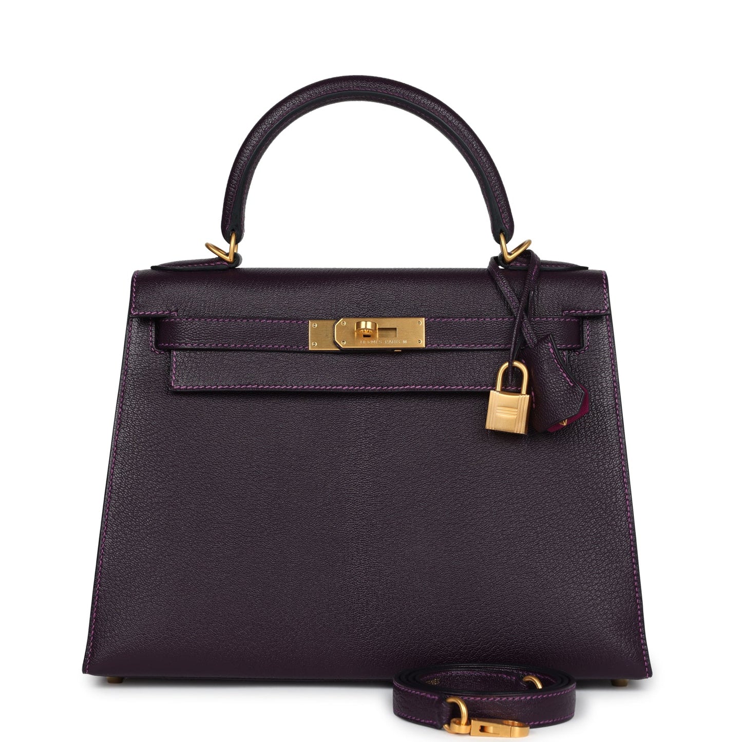 Hermes Kelly Sellier 28 Raisin Verso Chevre Brushed Gold Hardware