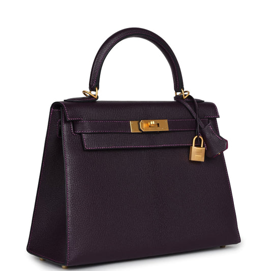 Hermes Kelly Sellier 28 Raisin Verso Chevre Brushed Gold Hardware