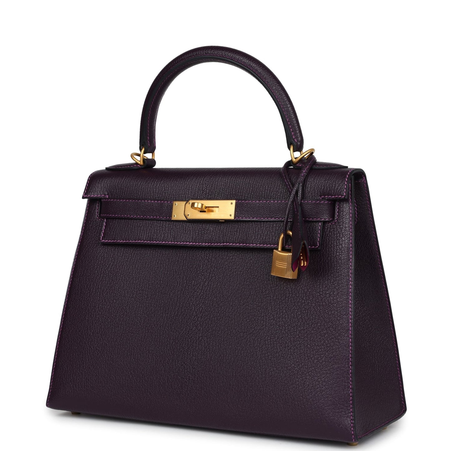 Hermes Kelly Sellier 28 Raisin Verso Chevre Brushed Gold Hardware