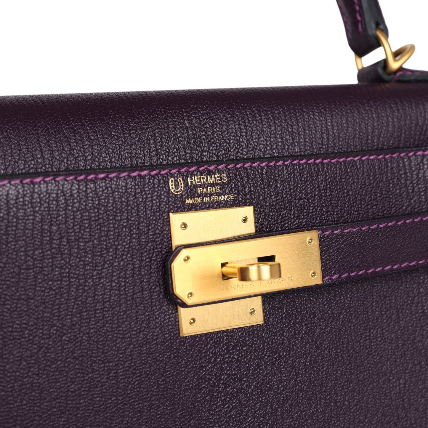 Hermes Kelly Sellier 28 Raisin Verso Chevre Brushed Gold Hardware