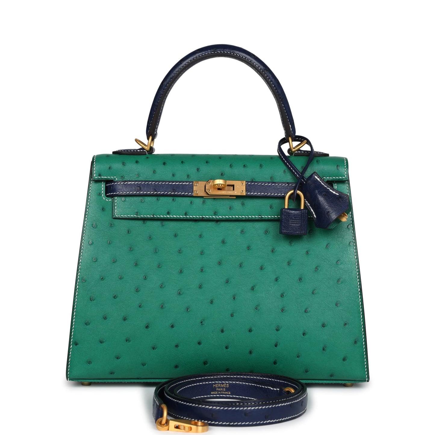 Hermes Kelly Sellier 25 Vert Vertigo and Bleu Iris Ostrich Brushed Gold Hardware