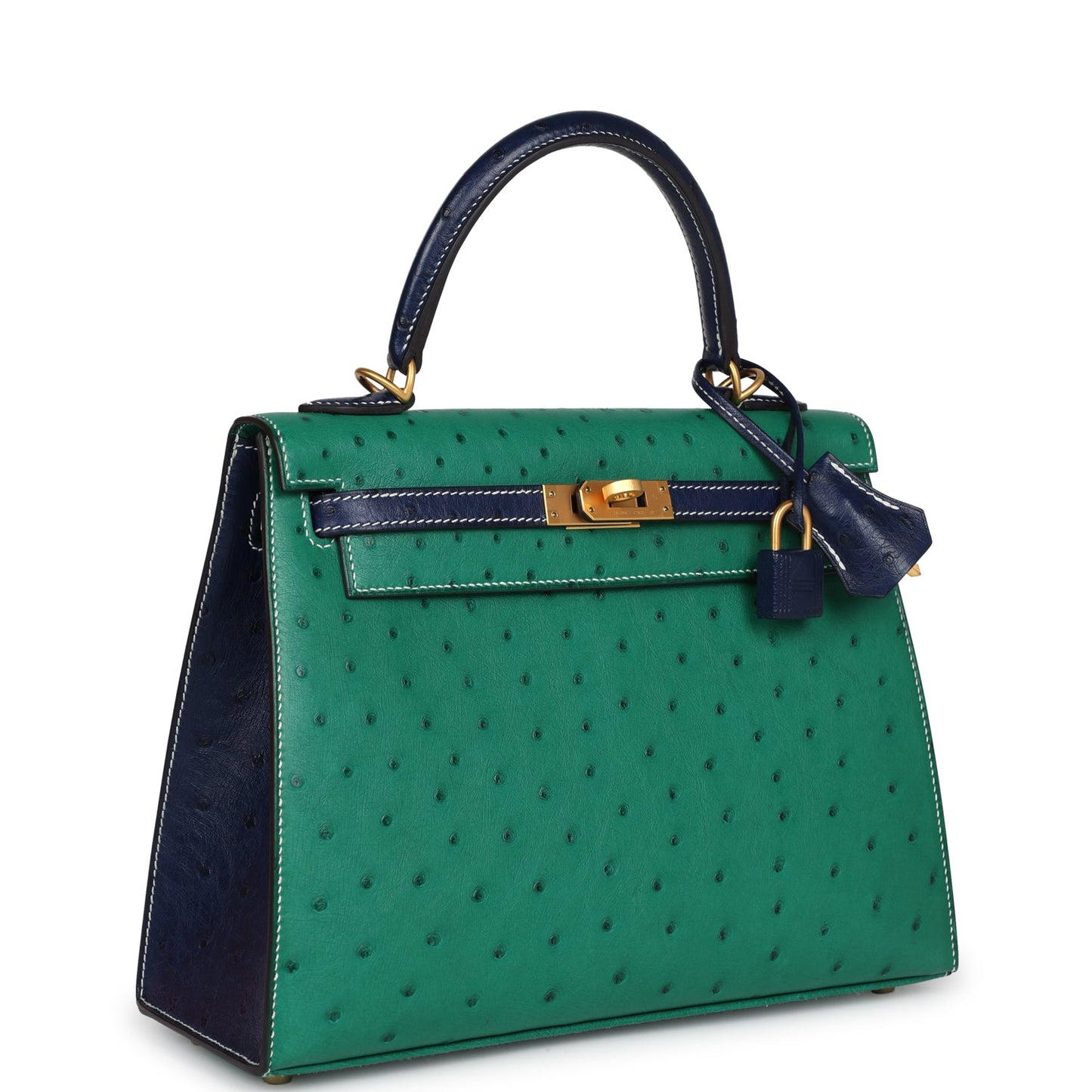 Hermes Kelly Sellier 25 Vert Vertigo and Bleu Iris Ostrich Brushed Gold Hardware