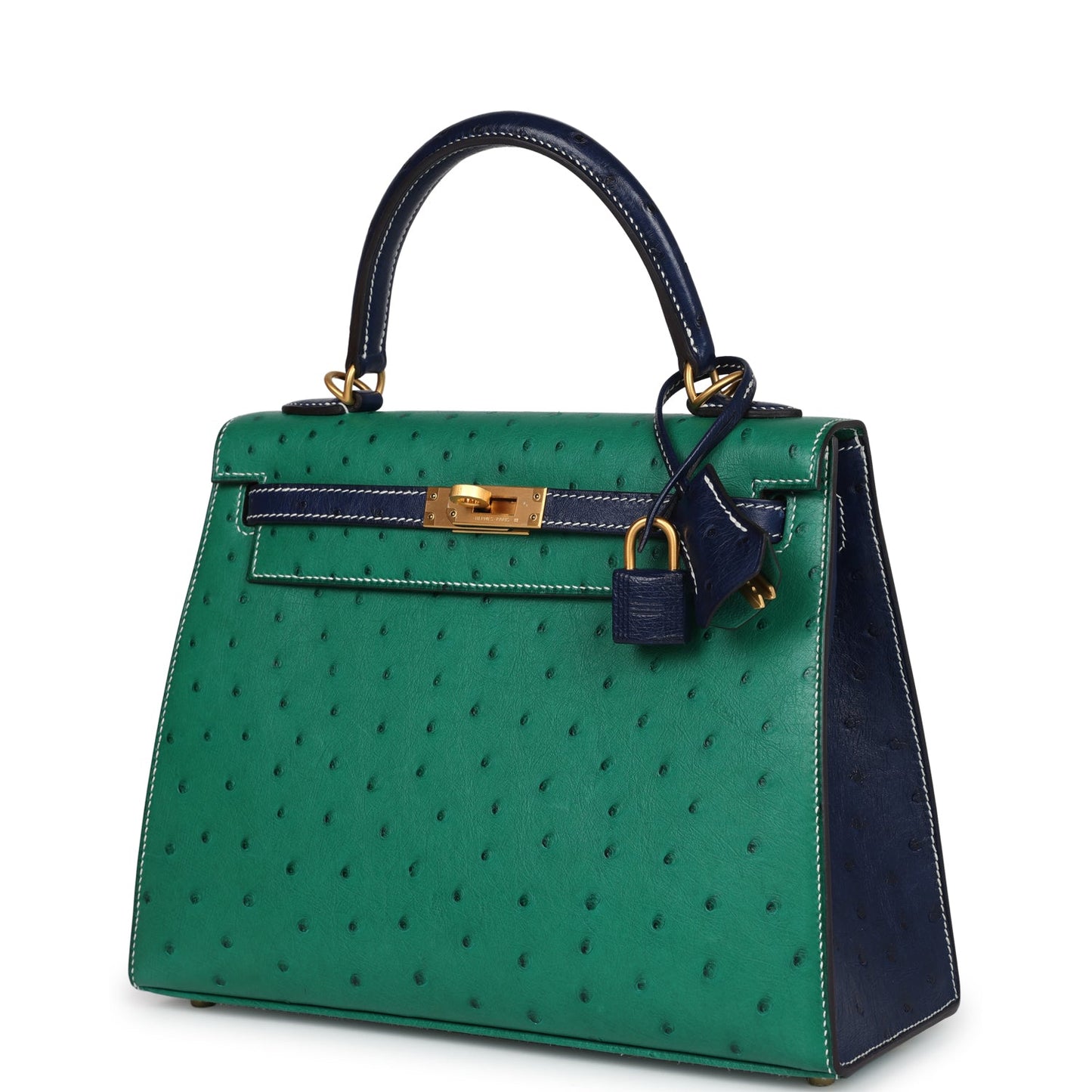 Hermes Kelly Sellier 25 Vert Vertigo and Bleu Iris Ostrich Brushed Gold Hardware