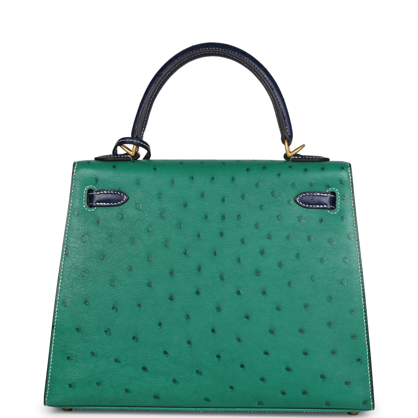 Hermes Kelly Sellier 25 Vert Vertigo and Bleu Iris Ostrich Brushed Gold Hardware