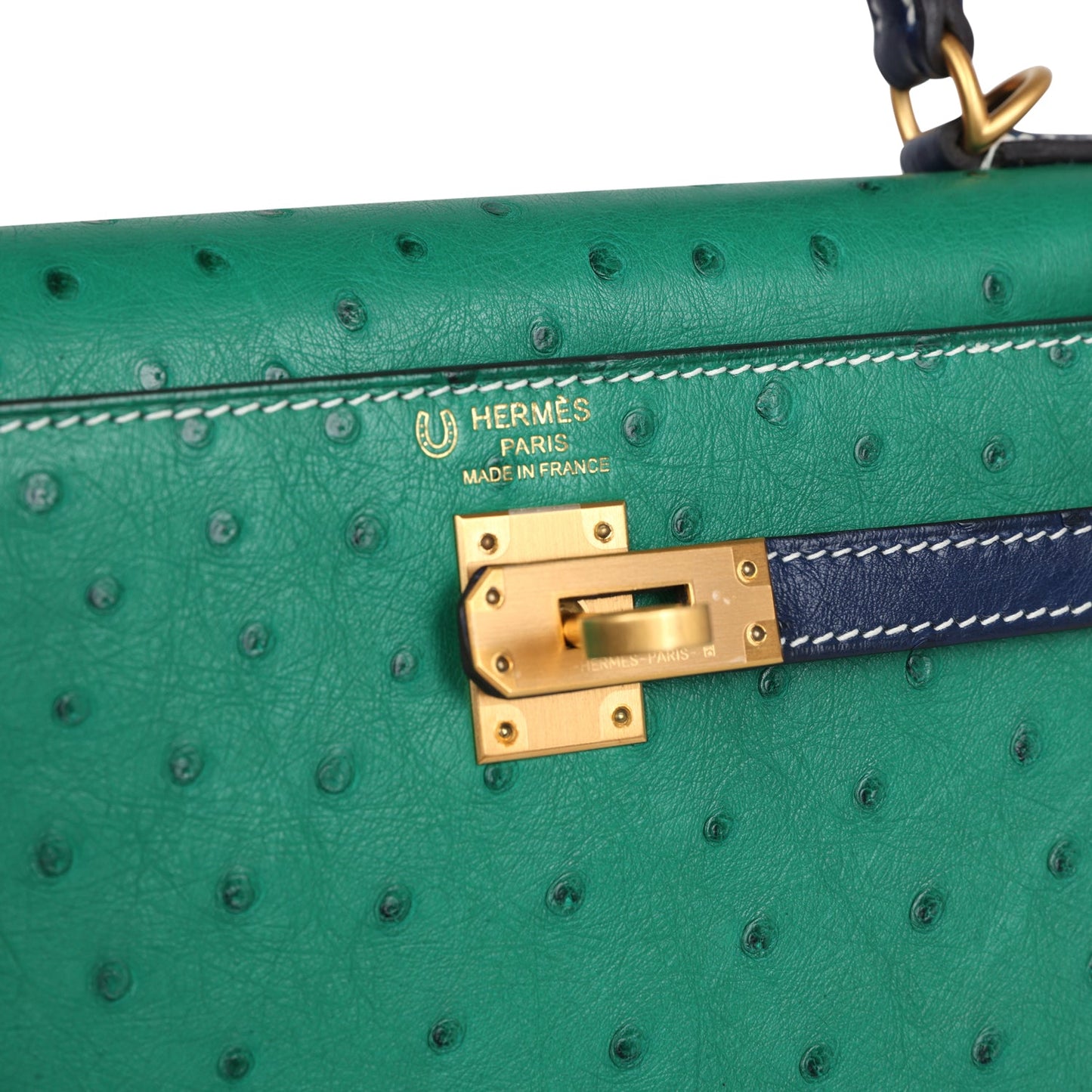 Hermes Kelly Sellier 25 Vert Vertigo and Bleu Iris Ostrich Brushed Gold Hardware