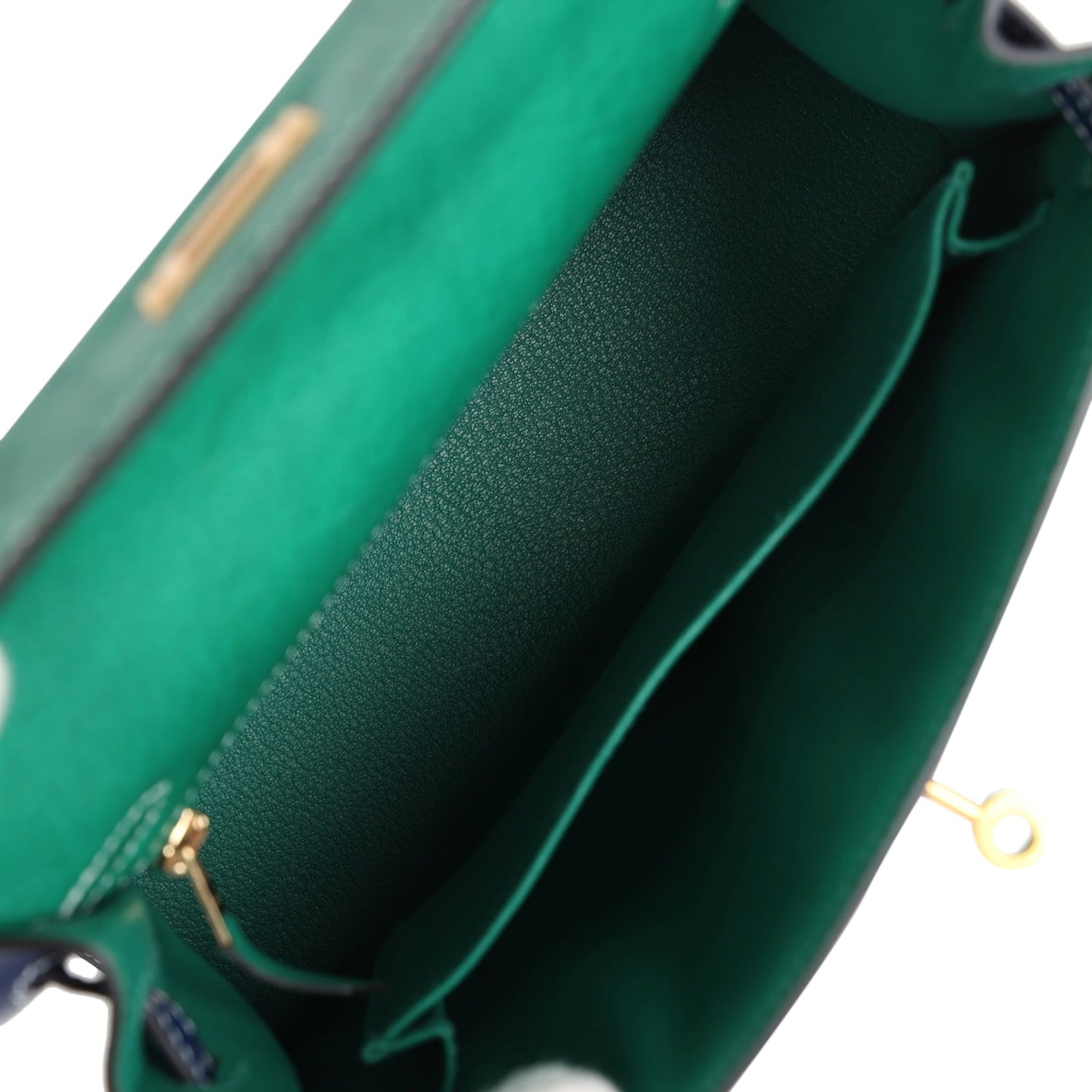 Hermes Kelly Sellier 25 Vert Vertigo and Bleu Iris Ostrich Brushed Gold Hardware