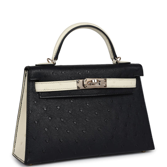 Hermes Special Order (HSS) Kelly Sellier 20 Black and Beton Ostrich Permabrass Hardware