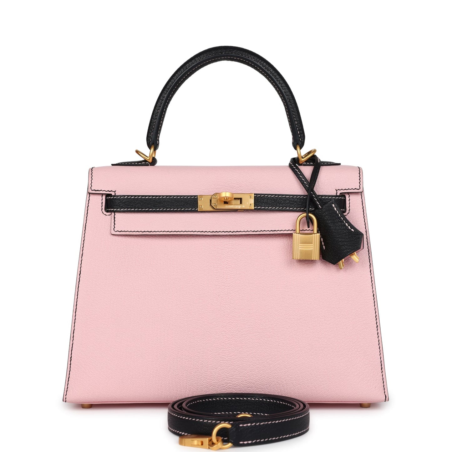 Hermes Kelly Sellier 25 Rose Sakura and Black Chevre Mysore Brushed Gold Hardware