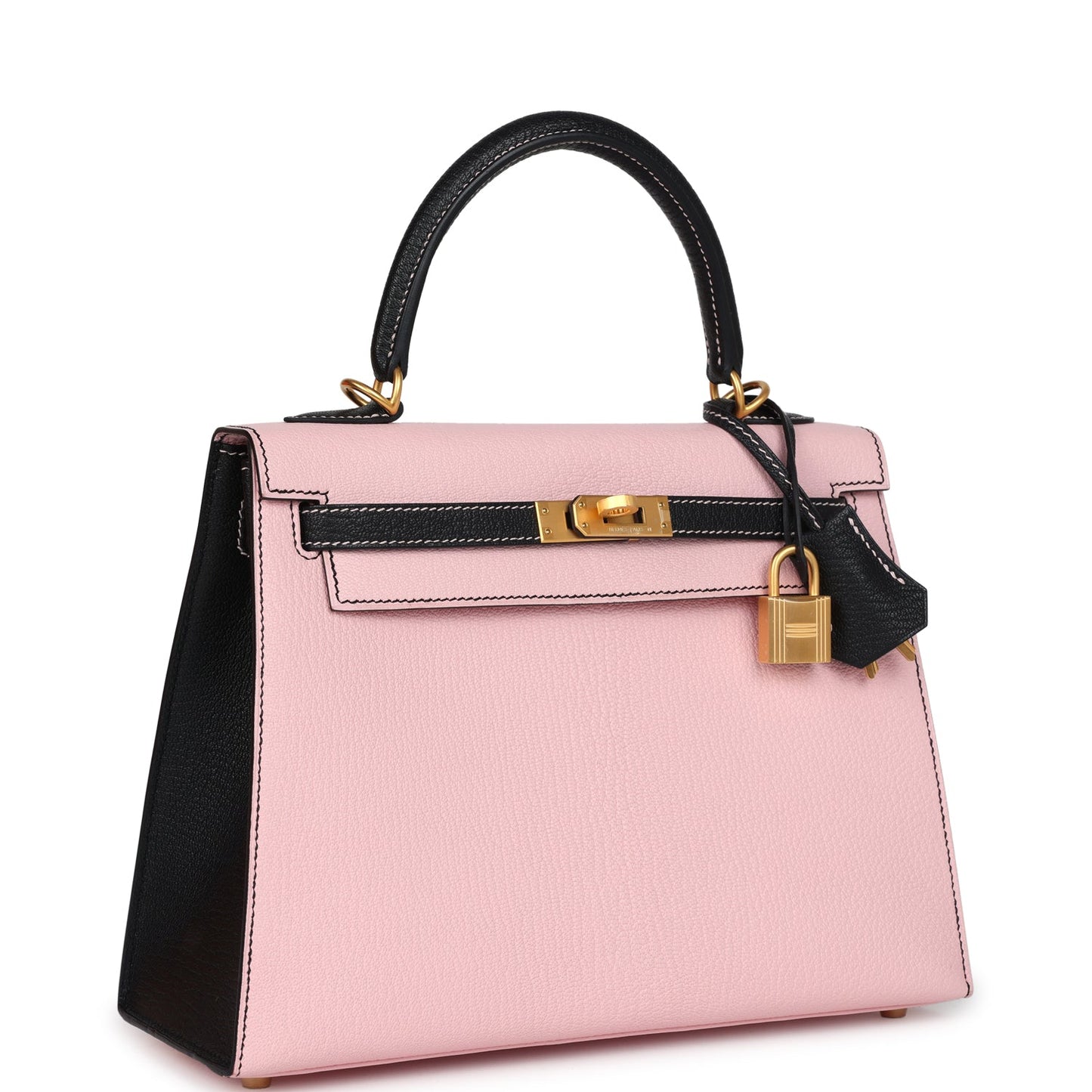 Hermes Kelly Sellier 25 Rose Sakura and Black Chevre Mysore Brushed Gold Hardware