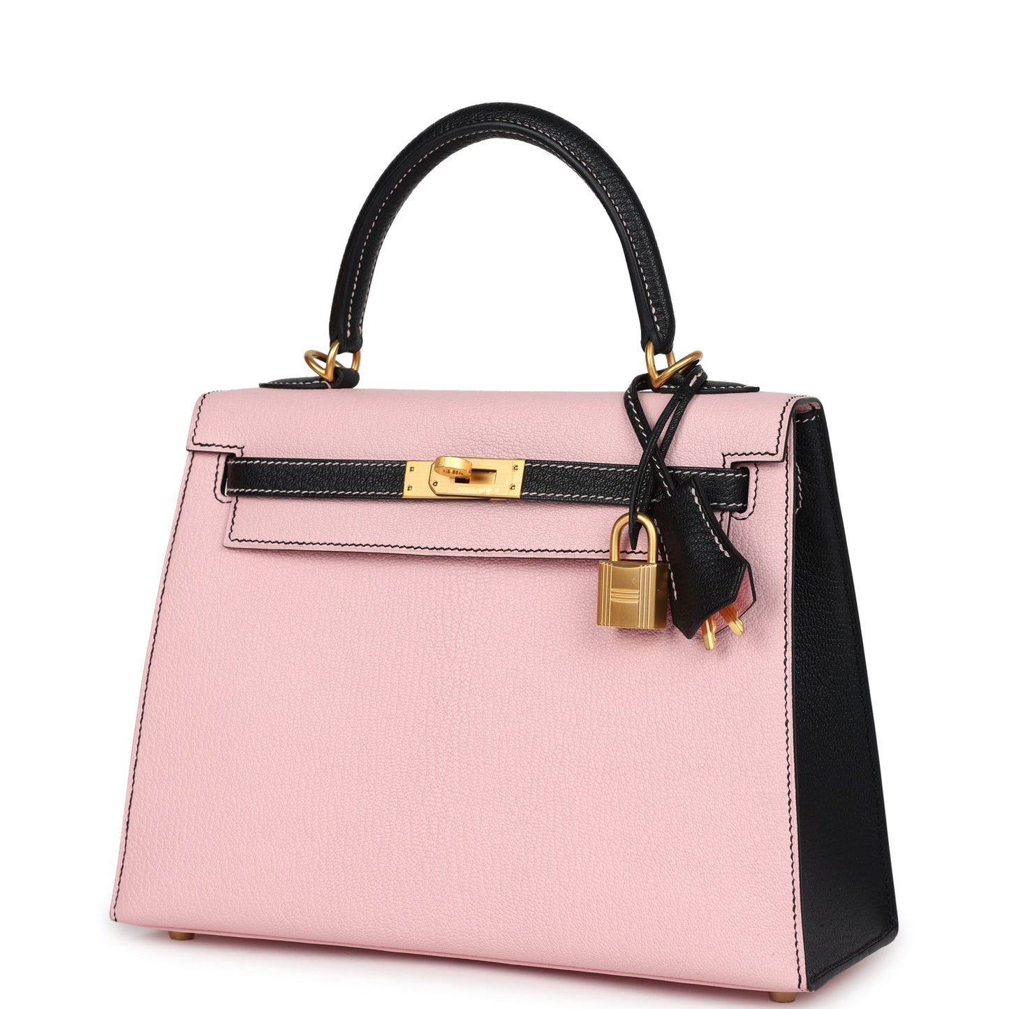 Hermes Kelly Sellier 25 Rose Sakura and Black Chevre Mysore Brushed Gold Hardware