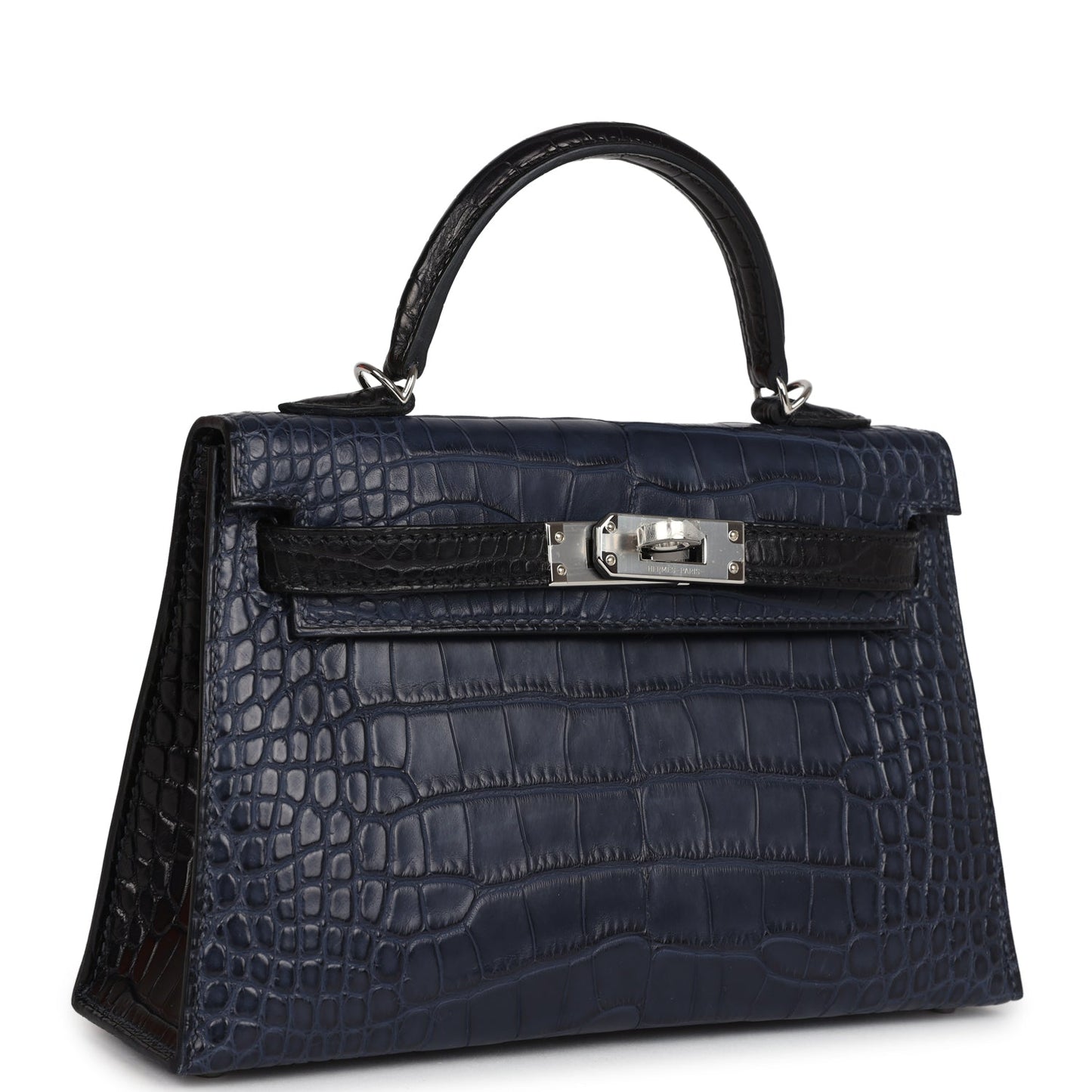 Hermes Special Order (HSS) Kelly Sellier 20 Bleu Indigo and Black Matte Alligator Palladium Hardware