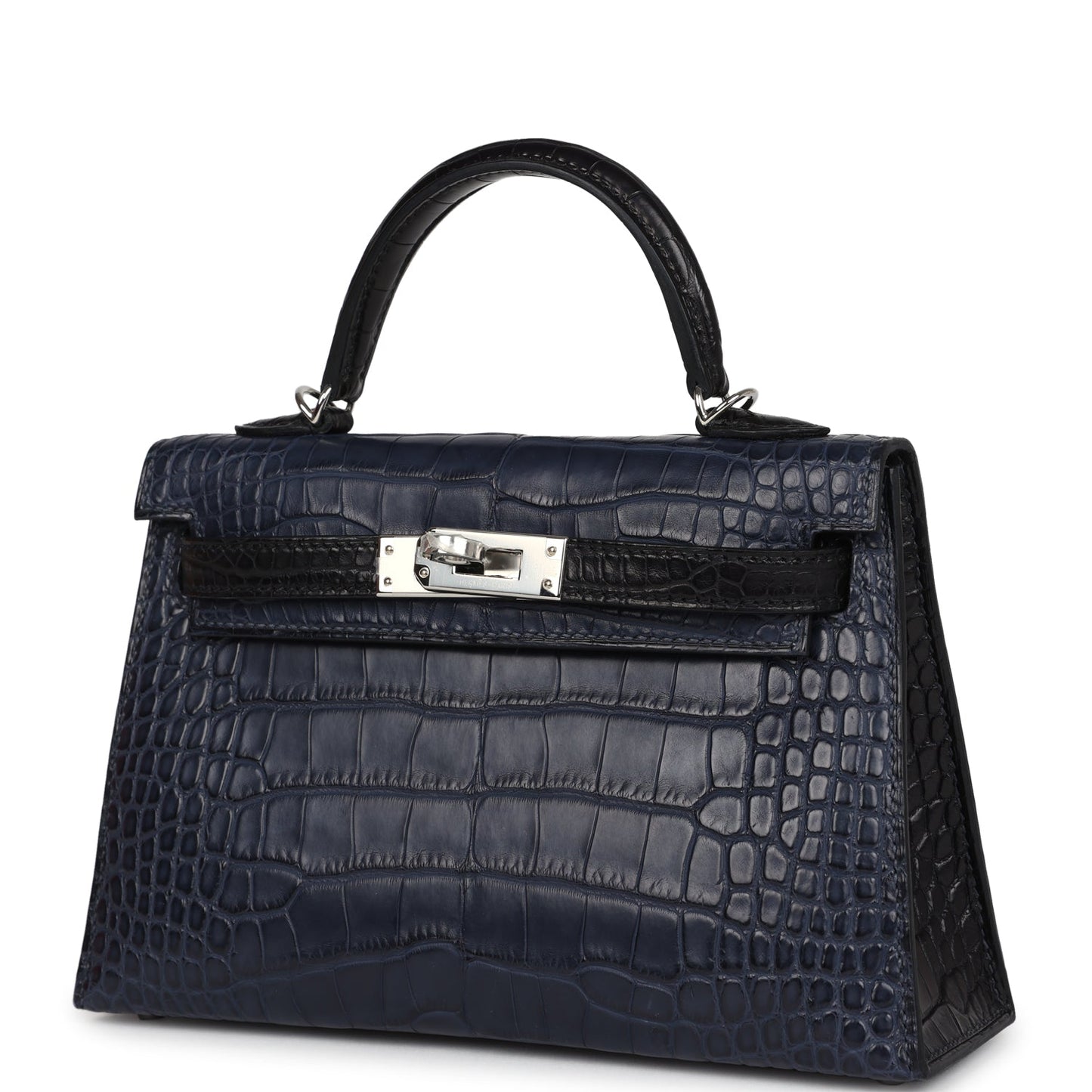 Hermes Special Order (HSS) Kelly Sellier 20 Bleu Indigo and Black Matte Alligator Palladium Hardware