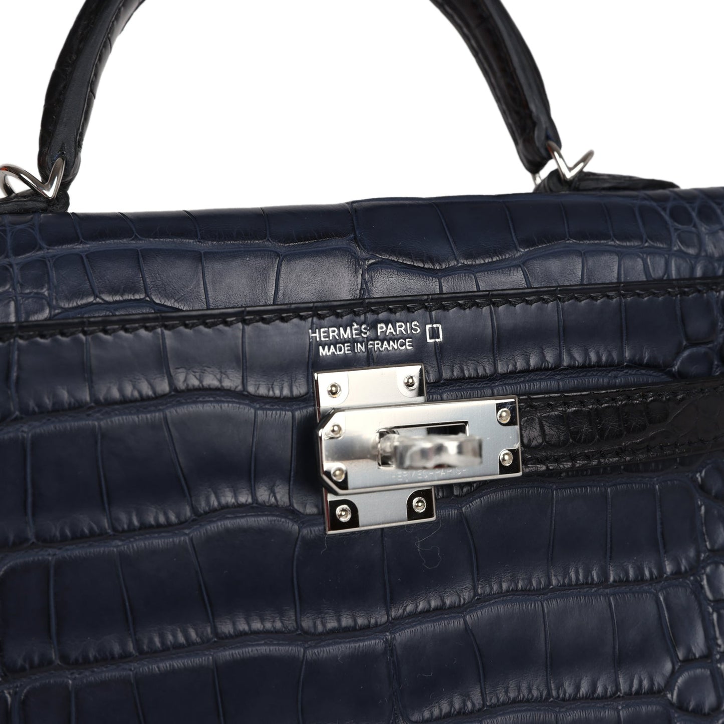 Hermes Special Order (HSS) Kelly Sellier 20 Bleu Indigo and Black Matte Alligator Palladium Hardware