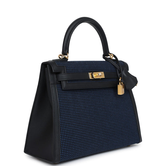 Hermes Quadrille Kelly Sellier 25 Black Swift and Bleu Saphir Toile Gold Hardware