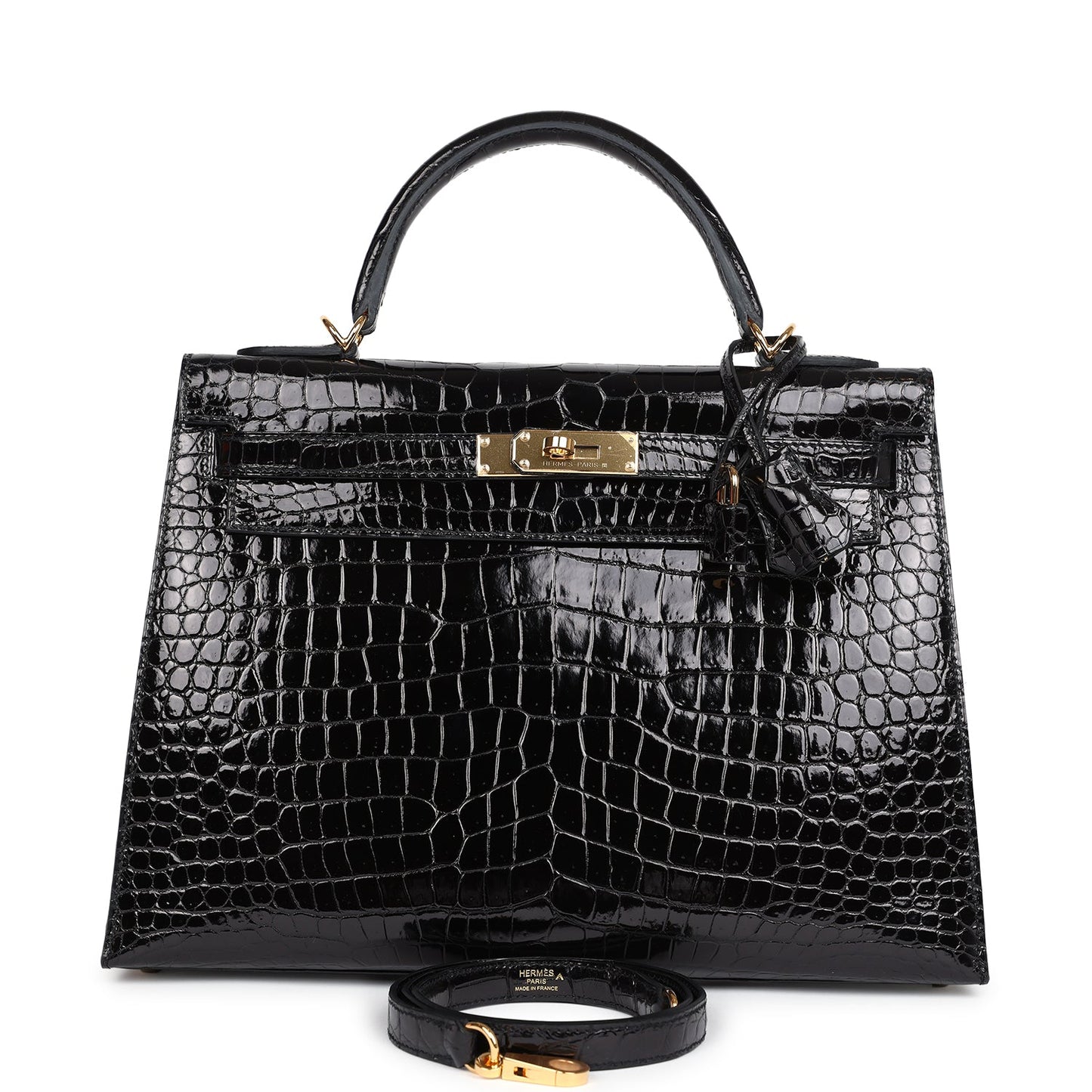 Hermes Kelly Sellier 32 Black Shiny Porosus Crocodile Gold Hardware