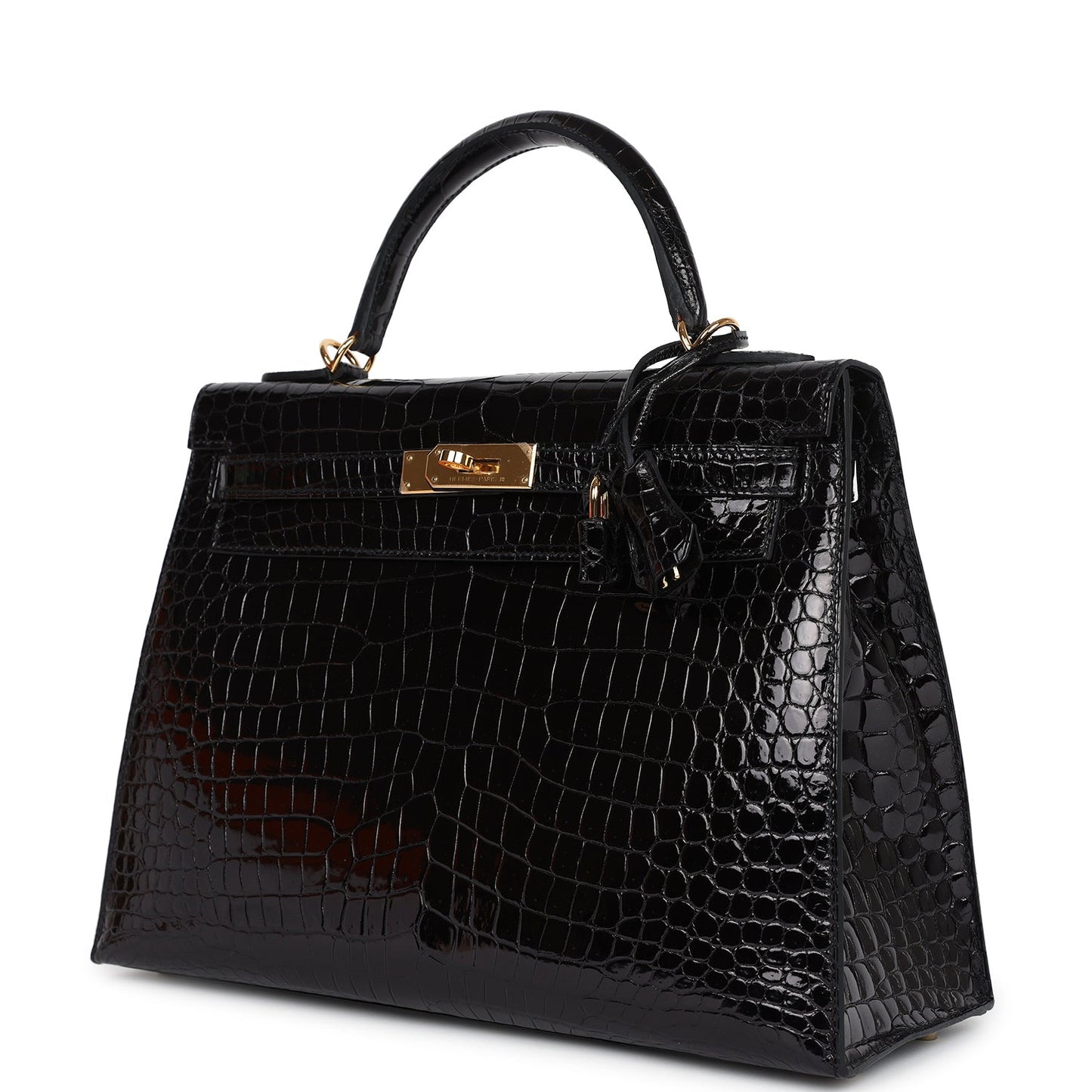 Hermes Kelly Sellier 32 Black Shiny Porosus Crocodile Gold Hardware