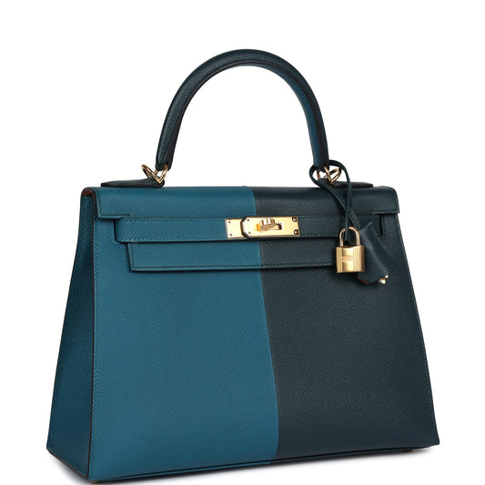 Hermes Kelly Sellier 28 Casaque Vert Cypres and Vert Bosphore Epsom Gold Hardware