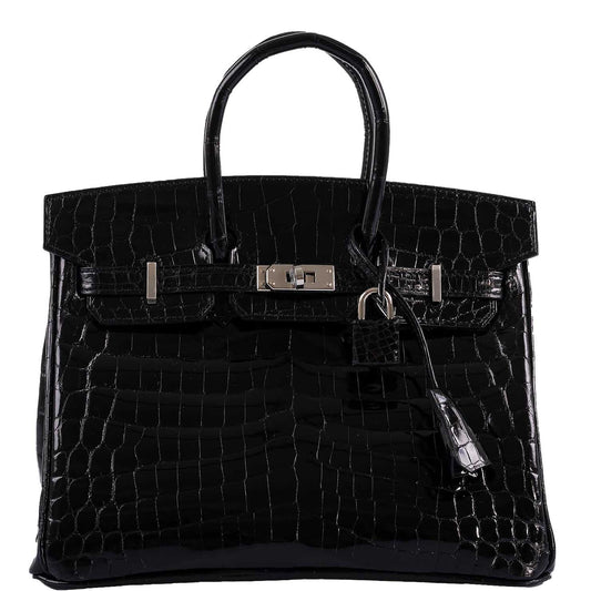 Hermes Birkin 25 Shiny Black Niloticus Crocodile with Palladium Hardware - 2019, D