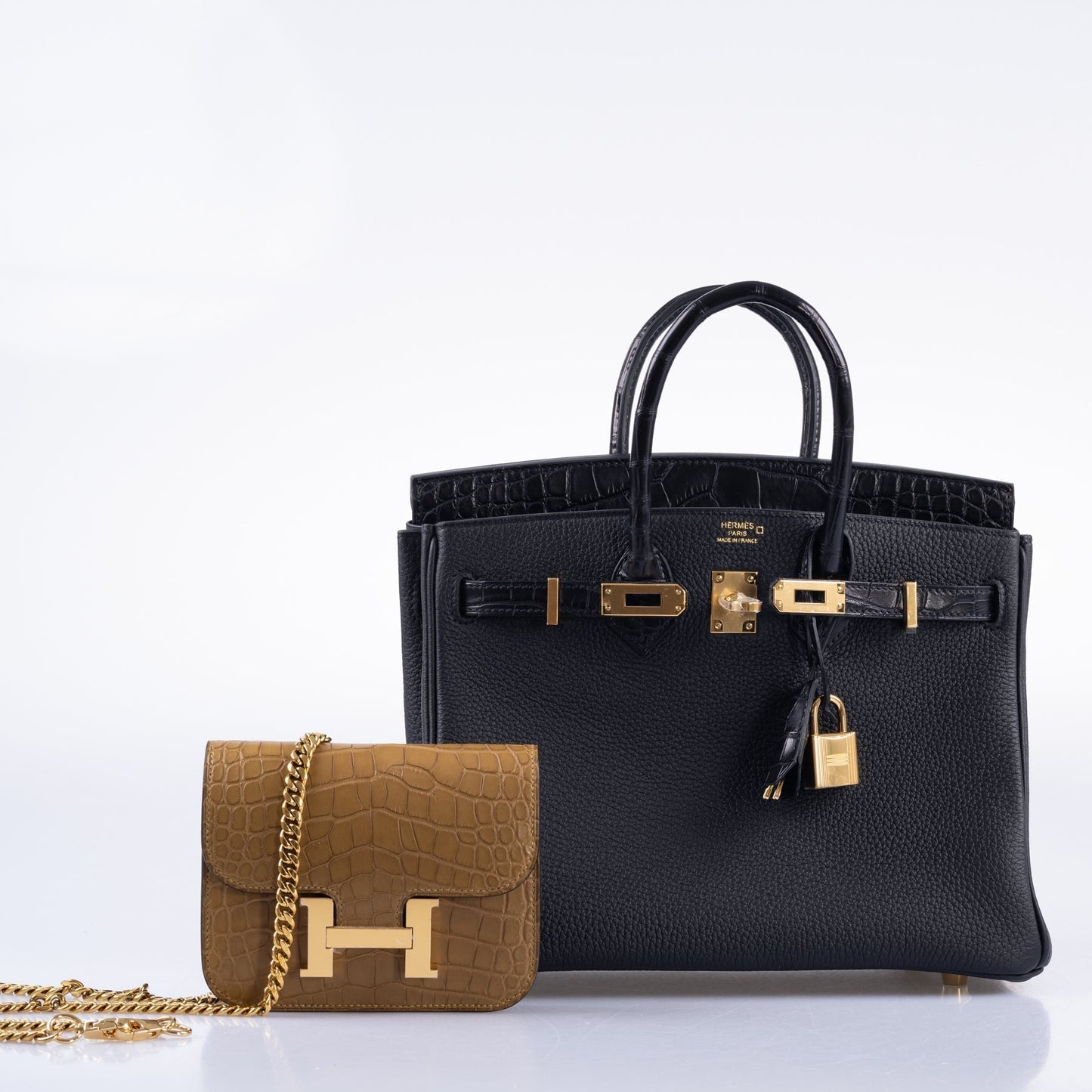 Hermes Birkin 25 Touch Black Togo and Matte Alligator Gold Hardware