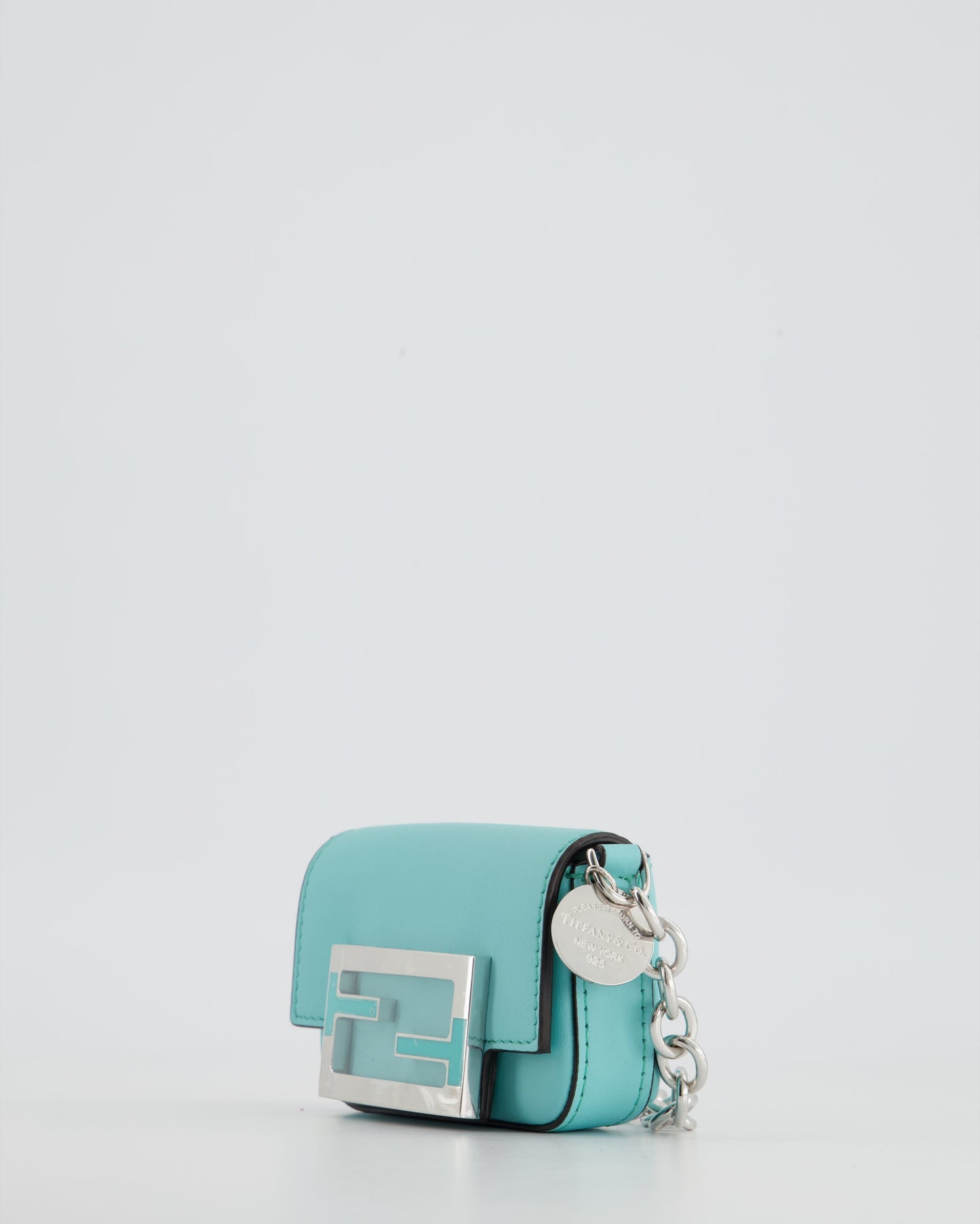 Fendi x Tiffany&Co Tiffany Blue Leather Nano Baguette Bag with Sterling Silver Hardware and Tiffany Tag