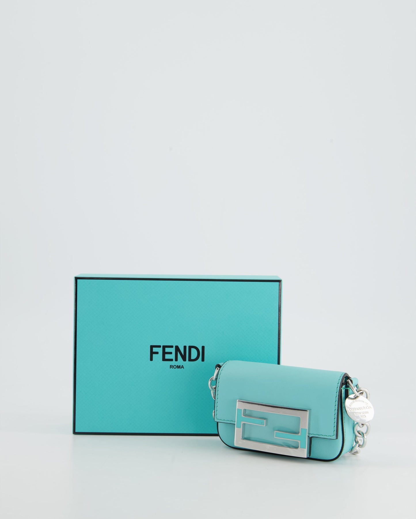 Fendi x Tiffany&Co Tiffany Blue Leather Nano Baguette Bag with Sterling Silver Hardware and Tiffany Tag