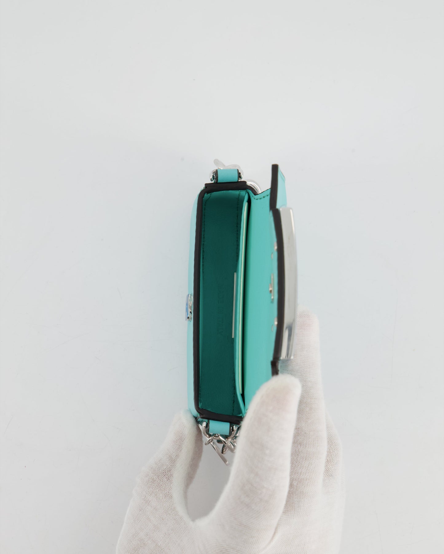 Fendi x Tiffany&Co Tiffany Blue Leather Nano Baguette Bag with Sterling Silver Hardware and Tiffany Tag