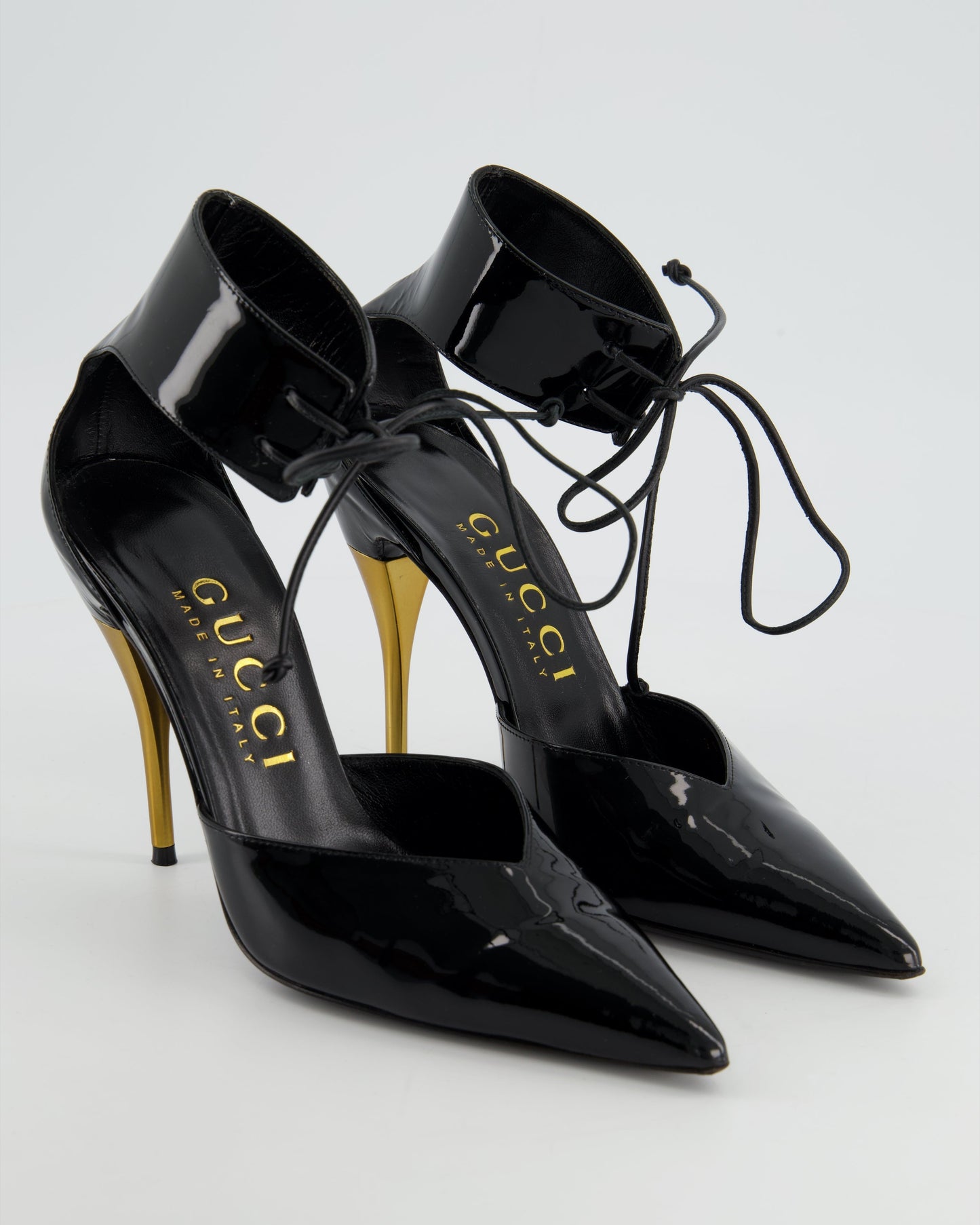 Gucci Black Patent Leather Heels With Gold Heels & Ankle Strap Detailing Size EU 39