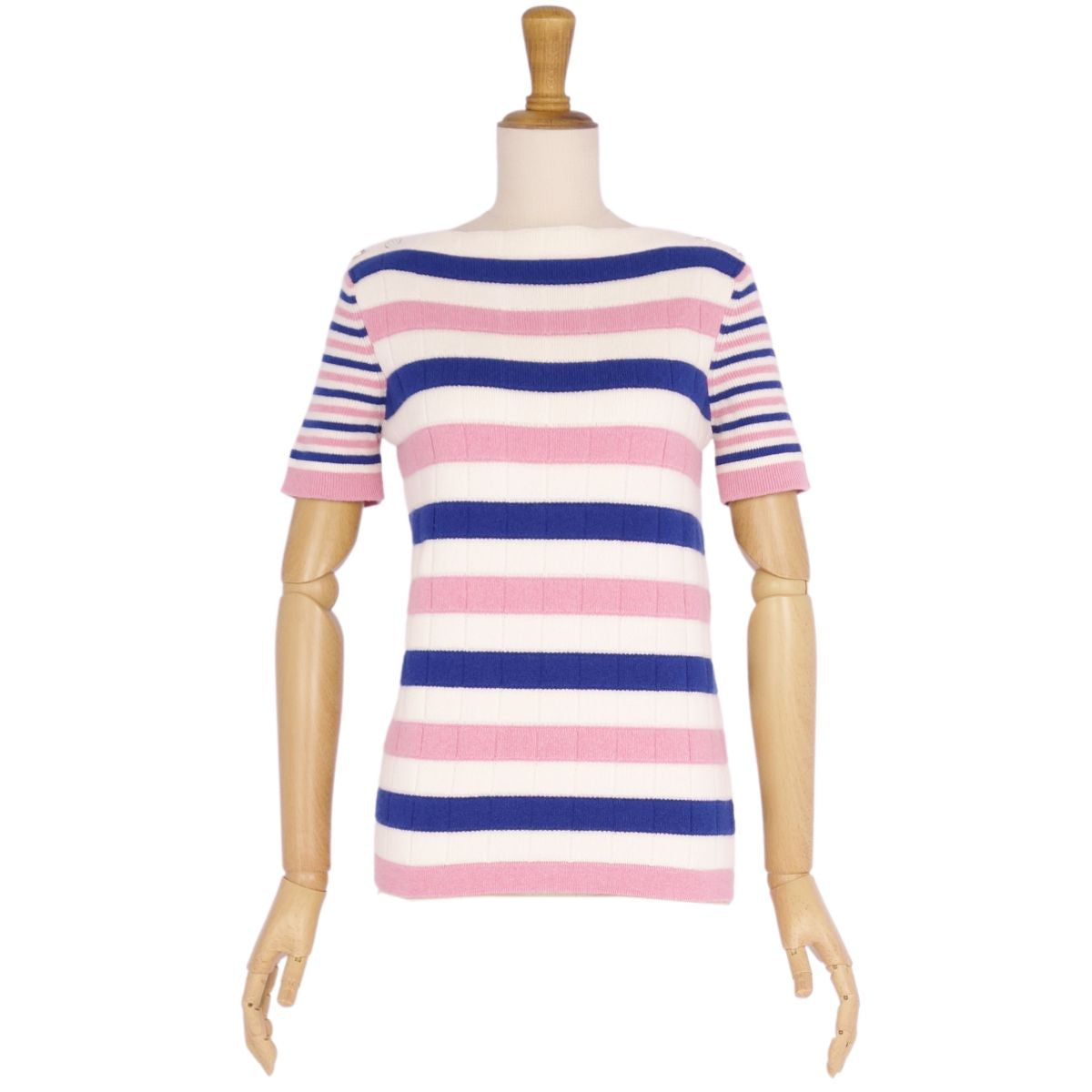 Chanel P45628   Short Sleeve Coco Button Border Shirt Cashmere Tops  34 (equivalent to S) Pink/Navy/Ivory