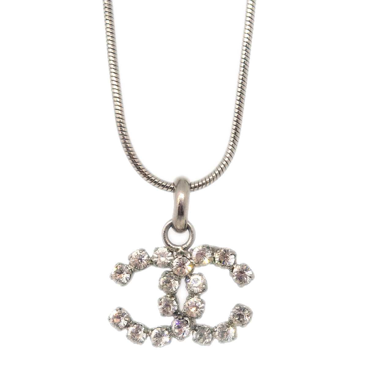 Chanel CC Necklace Pendant Rhinestone Silver 00A