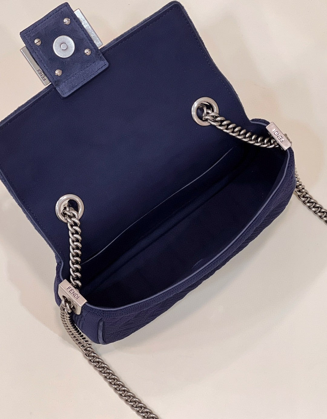 Fendi Baguette Chain Midi Navy Blue FF Fabric Bag For Woman 14.5cm/6in