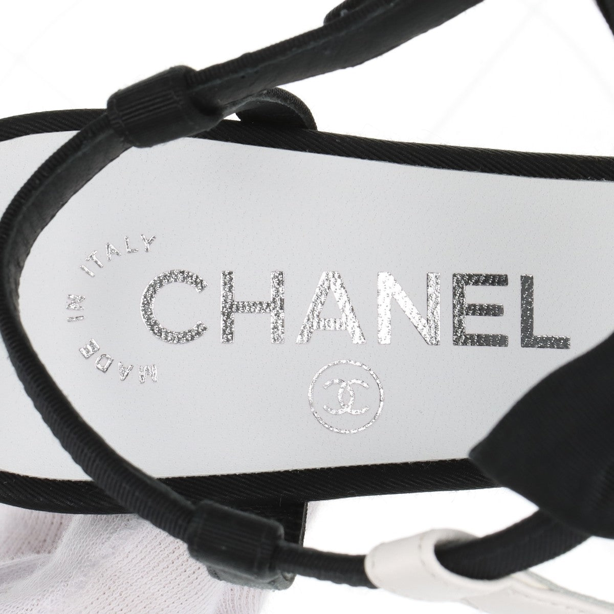 Chanel Coco Leather x Fabric Strap Pump 36 1/2C  Black x White Ribbon G36349 Box