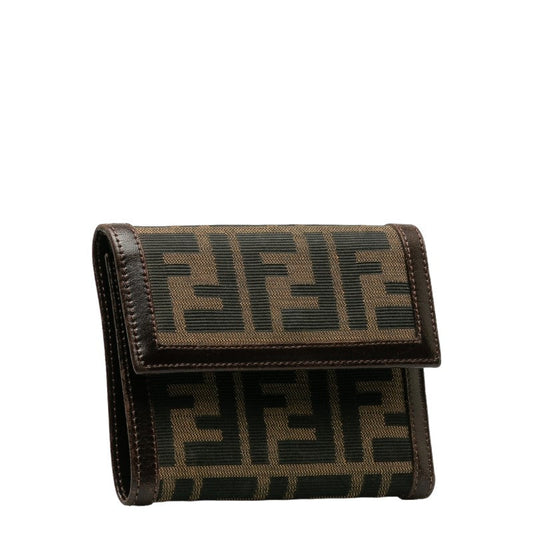 Fendi Zucca Double Folded Wallet Brown Canvas Leather