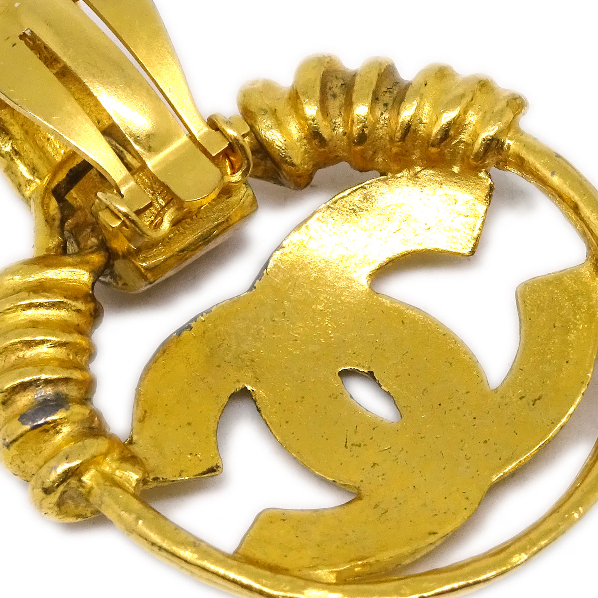 Chanel Hoop Dangle Earrings Gold Clip-On 94P