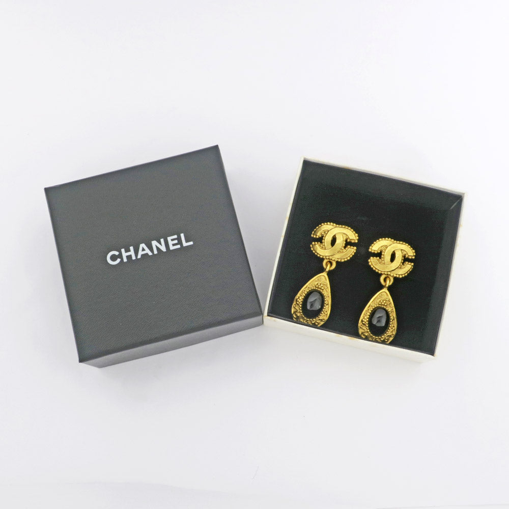 Chanel Earring 96A One Pair Coco Mark CC Color Stone Black G Accessoires