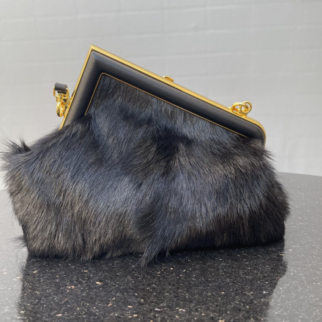 Fendi Fendirst Small Black Fox Fur Bag For Woman 26cm/10in