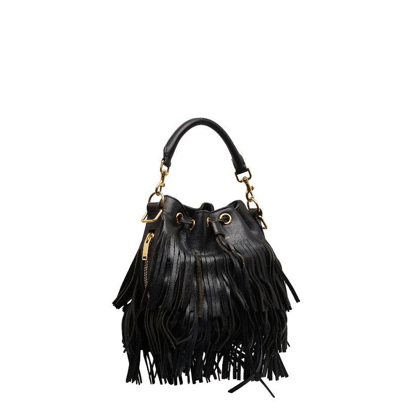 Saint Laurent Emmanuel Fringe Handbag 2WAY VLR381762 Black Gold Leather