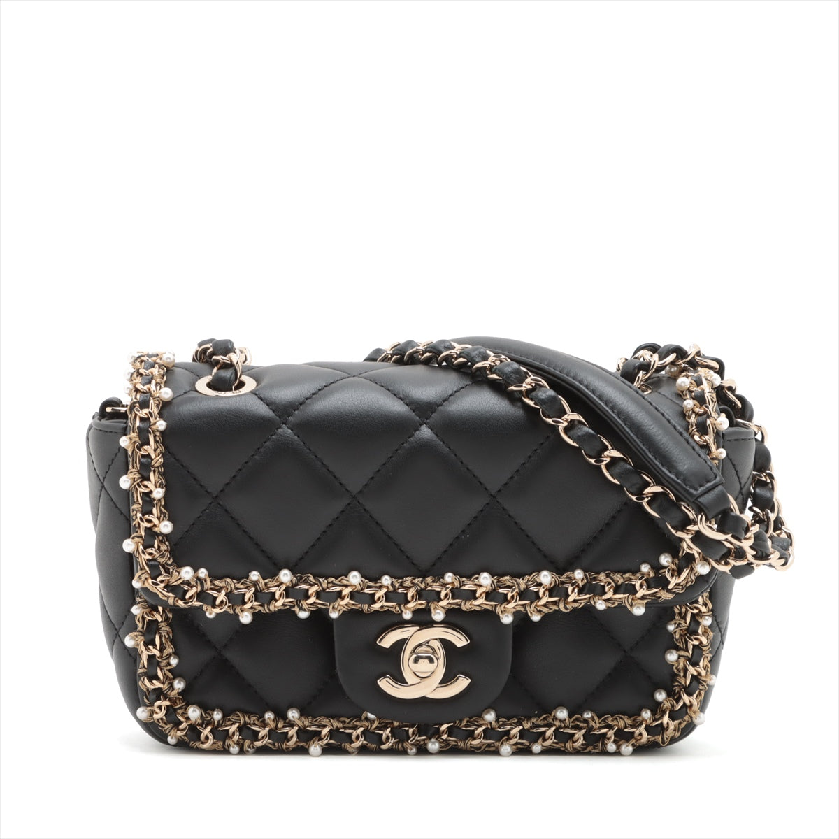 Chanel Mini Matrasse 17  Single Flap Double Chain Bag Pearl Black G  A35200