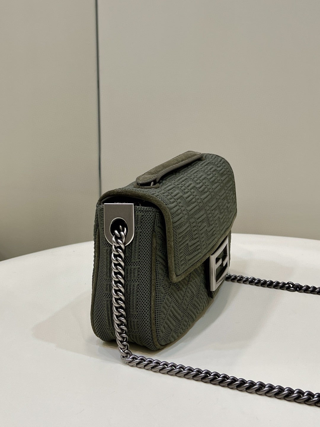 Fendi Baguette Chain Midi Green FF Fabric Bag