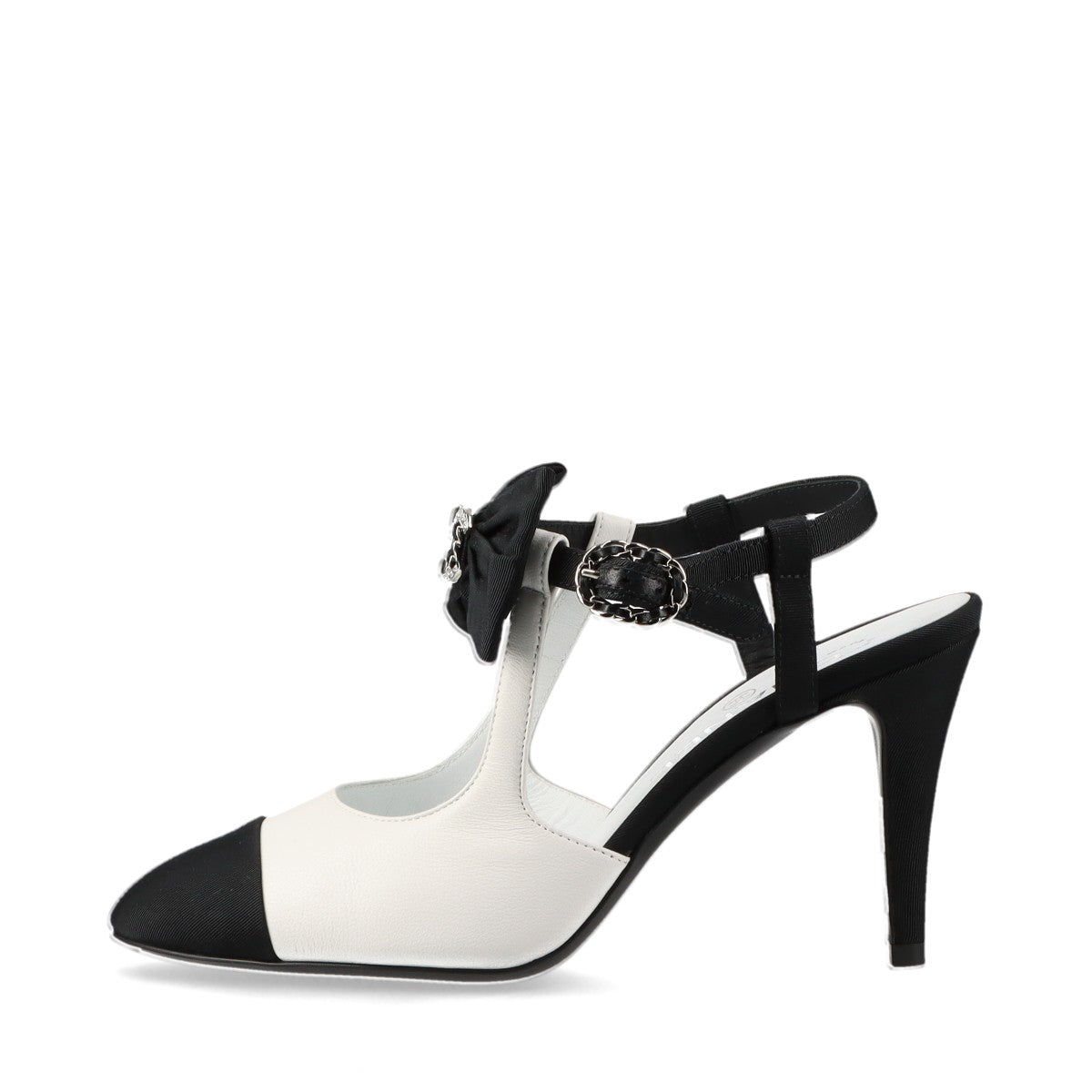 Chanel Coco Leather x Fabric Strap Pump 36 1/2C  Black x White Ribbon G36349 Box