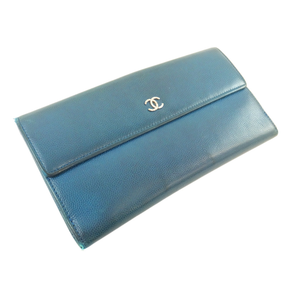 Chanel 2 fable wallet blue cocomark silver gold tool snap button horizontal matte men long wallet