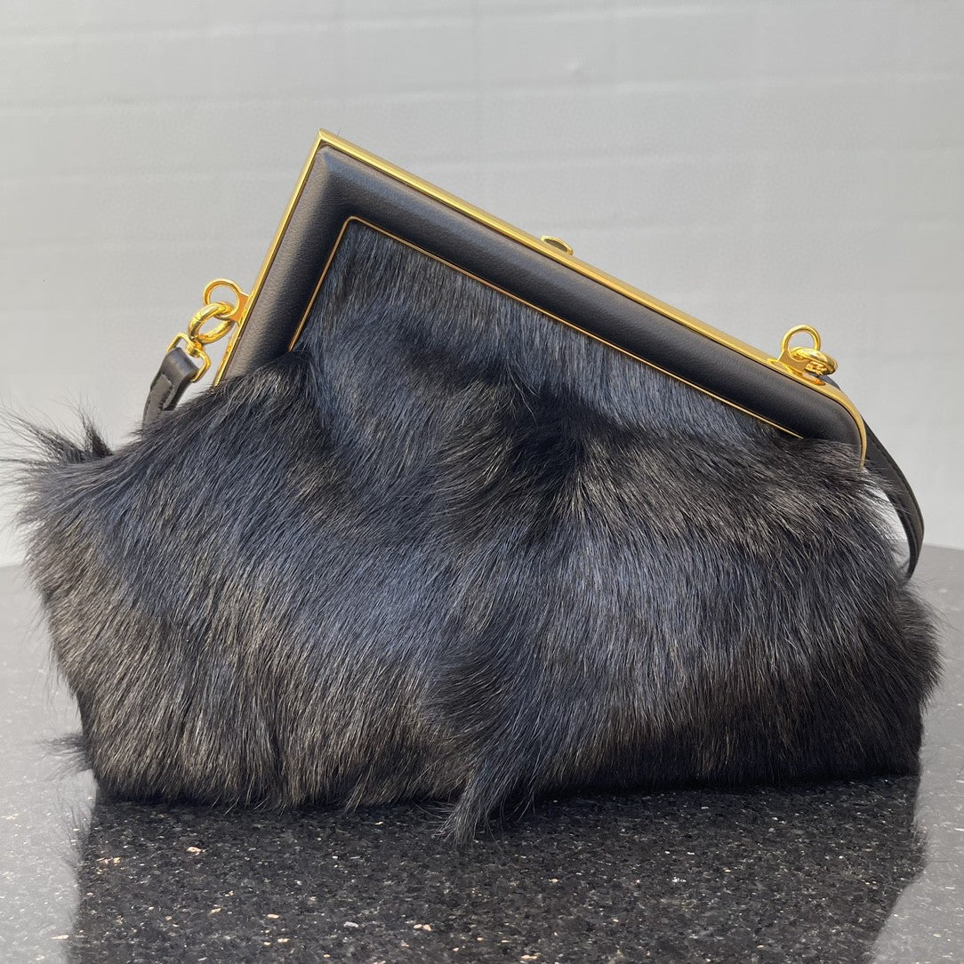 Fendi Fendirst Small Black Fox Fur Bag For Woman 26cm/10in