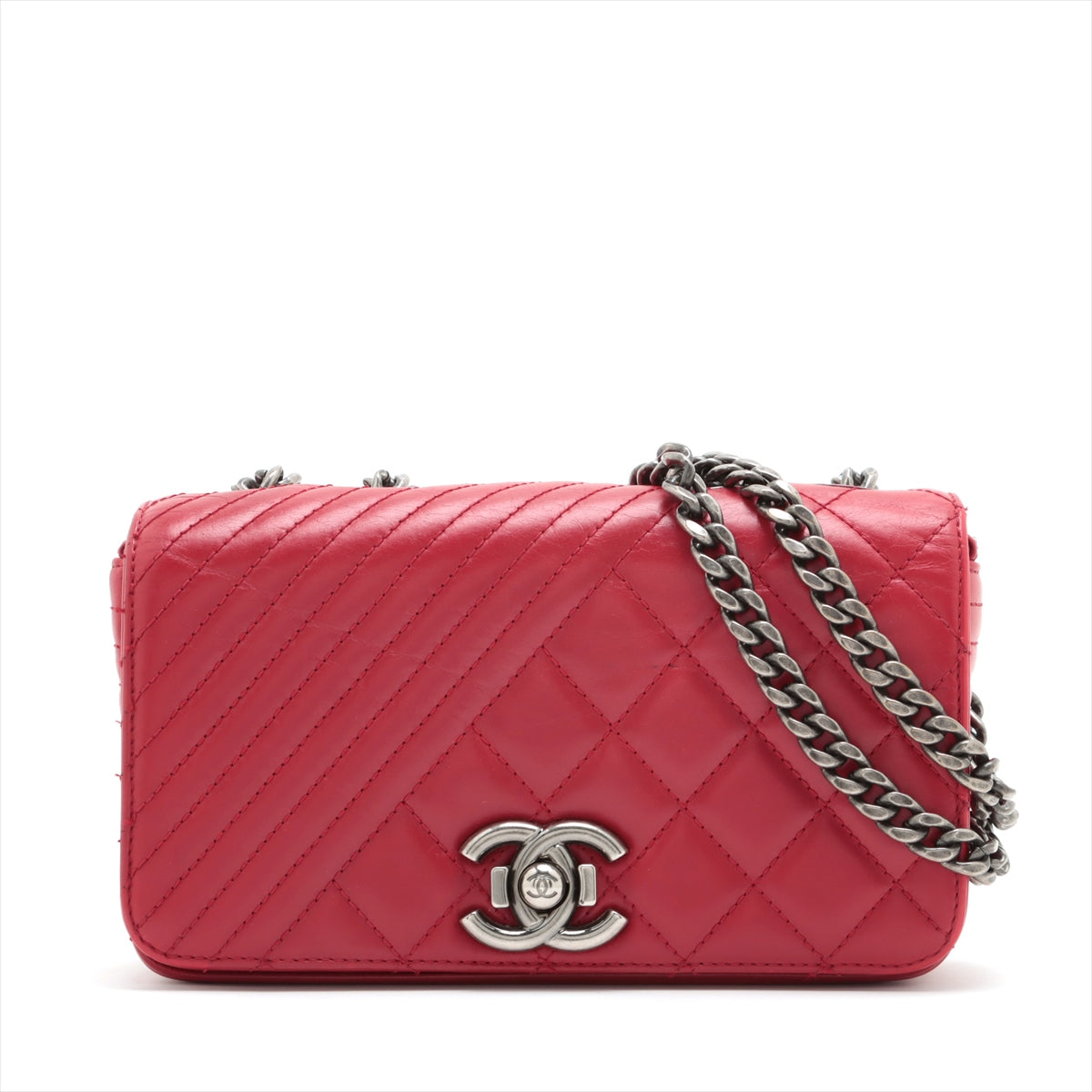 Chanel Cocoboy Leather Single Flap Double Chain Bag Red Silver G  20th