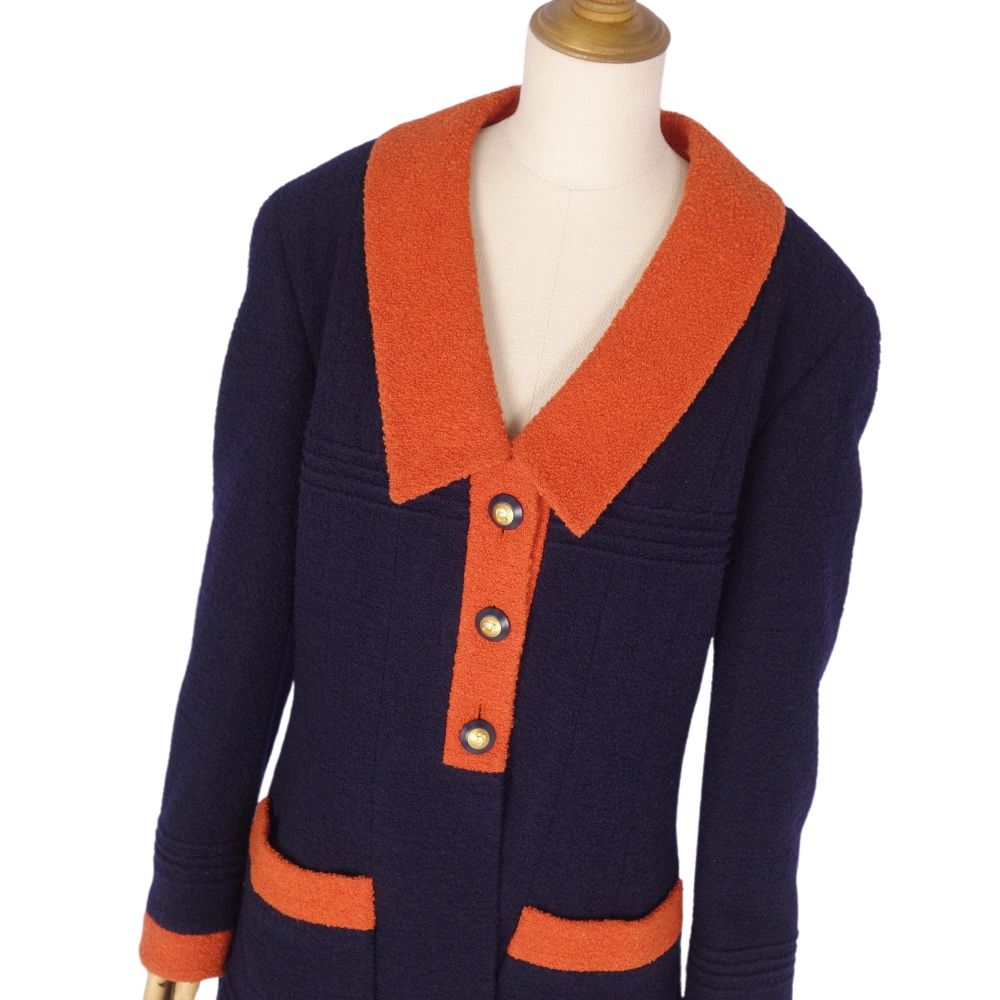 Vint Chanel Jacket 93A Wool Tweed Coco Button   French Made M Equivalent Navy/Orange