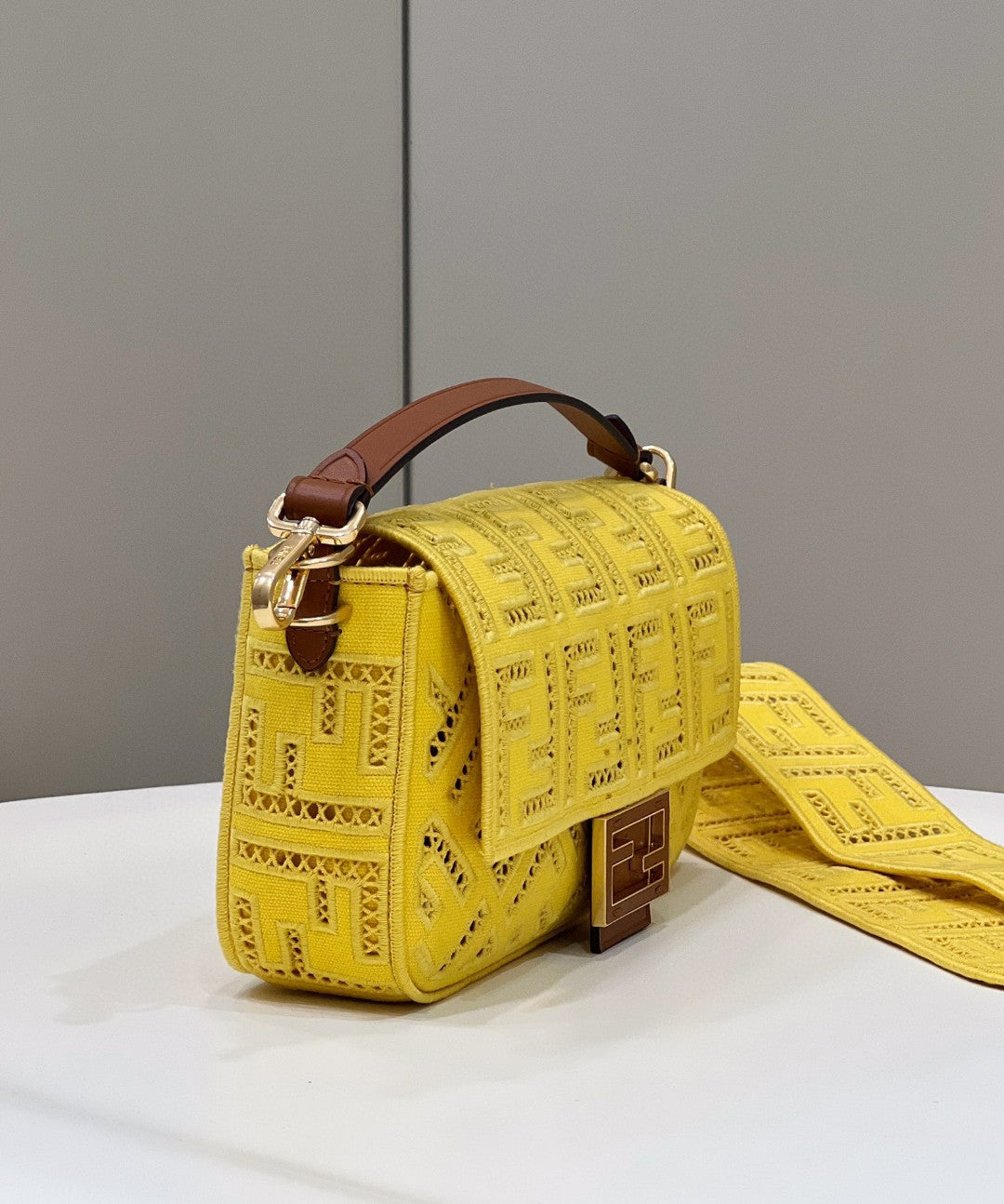 Fendi Baguette Yellow with Embroidery Medium Bag For Woman 28cm/11in