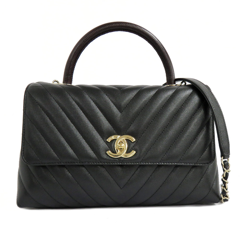 CHANEL Coco Handle 29 Chevron A92991 Black G   St Caviar S Rizard Bordeaux Black Leather Handbag Shoulder Bag