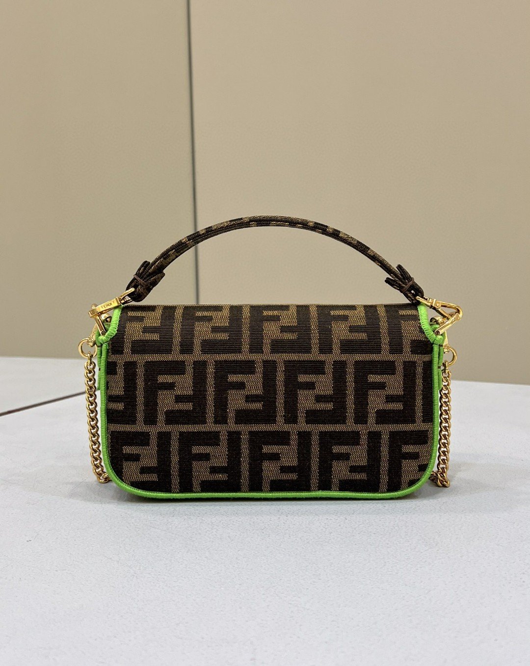 Fendi Baguette Small Brown Fabric Green Border Bag For Woman 18cm/7in