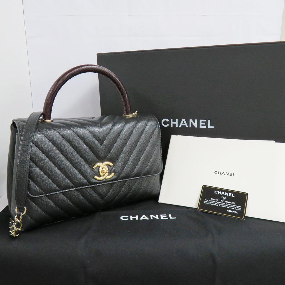 CHANEL Coco Handle 29 Chevron A92991 Black G   St Caviar S Rizard Bordeaux Black Leather Handbag Shoulder Bag