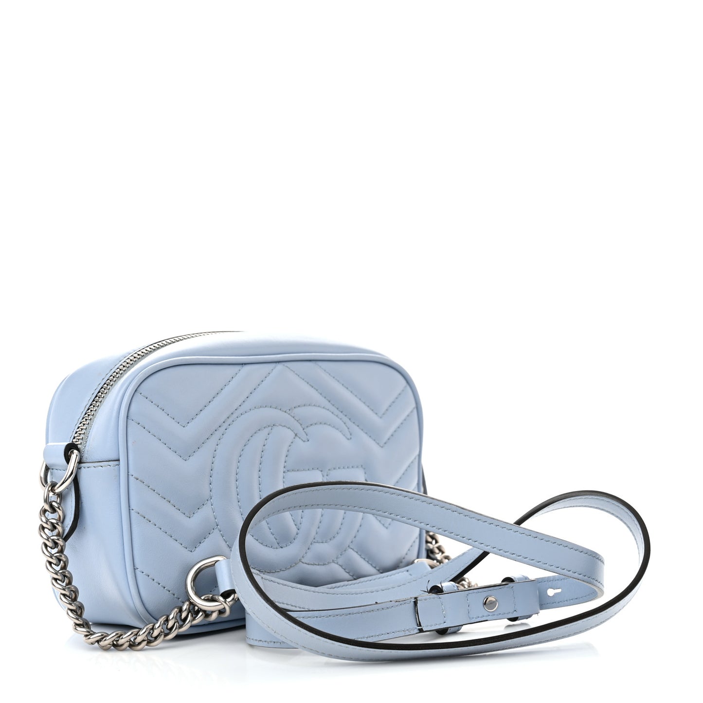 Gucci  Calfskin Matelasse Mini GG Marmont Chain Shoulder Bag Porcelain Light Blue