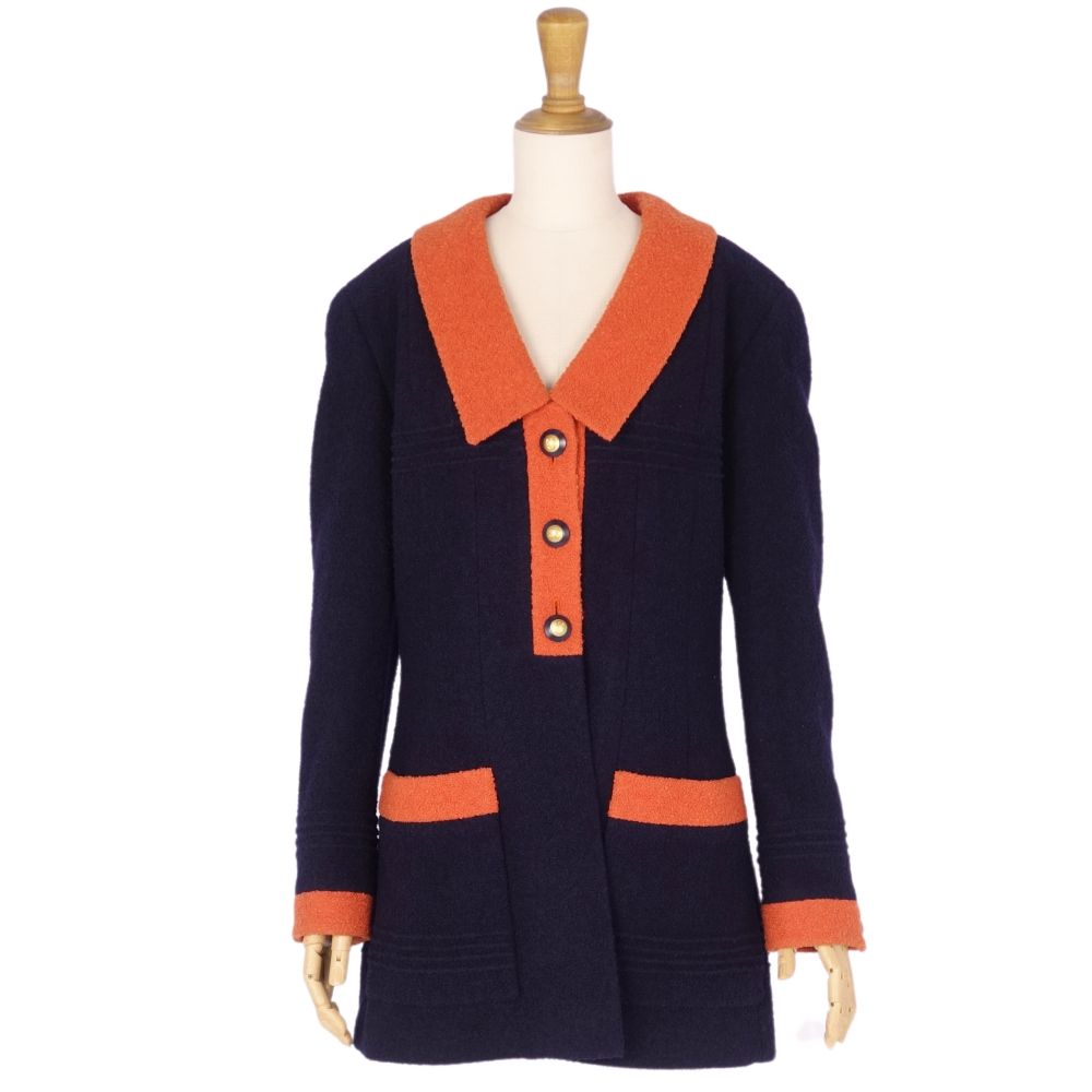 Vint Chanel Jacket 93A Wool Tweed Coco Button   French Made M Equivalent Navy/Orange