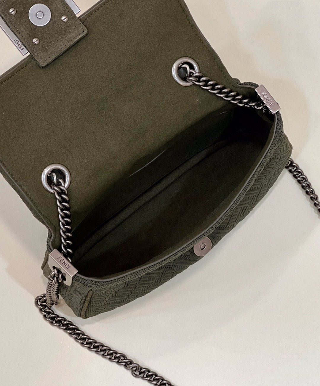 Fendi Baguette Chain Midi Green FF Fabric Bag